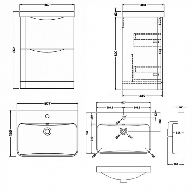 Nuie Lunar Floor Standing 2-Drawer Vanity Unit with 1TH Thin-Edged Basin 600mm Wide - Satin Blue  | Dimension Image