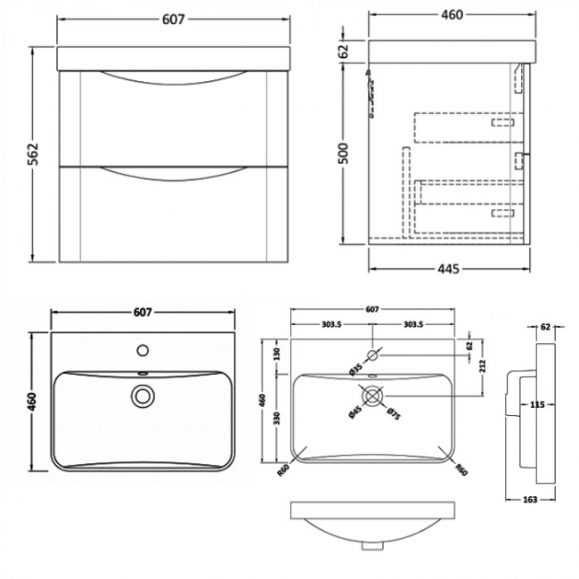 Nuie Lunar Wall Hung 2-Drawer Vanity Unit with 1TH Thin-Edged Basin 600mm Wide - Soft Black