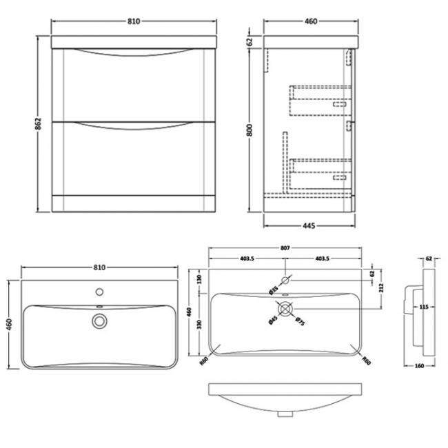 Nuie Lunar Floor Standing 2-Drawer Vanity Unit with 1TH Thin-Edged Basin 800mm Wide - Soft Black  | Dimension Image