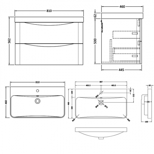Nuie Lunar Wall Hung 2-Drawer Vanity Unit with 1TH Thin-Edged Basin 800mm Wide - Satin White
