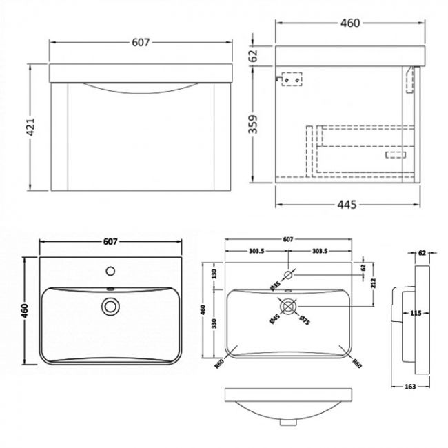 Nuie Lunar Wall Hung 1-Drawer Vanity Unit with 1TH Thin-Edged Basin 600mm Wide - Satin Green
