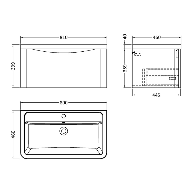 Nuie Lunar Wall Hung 1-Drawer Vanity Unit with Ceramic Basin 800mm Wide - Satin Anthracite