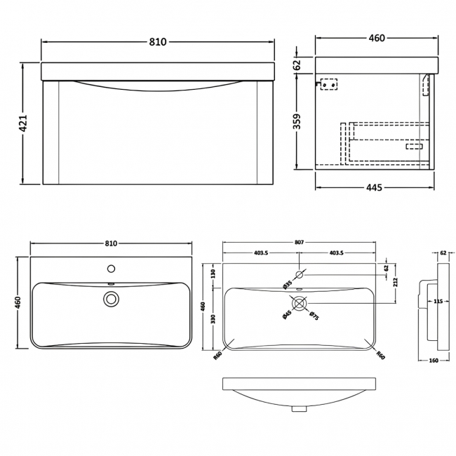 Nuie Lunar Wall Hung 1-Drawer Vanity Unit with 1TH Thin-Edged Basin 800mm Wide - Satin White