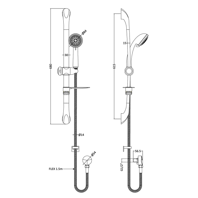 Nuie Luxury Curved Shower Slider Rail Kit 680mm High - Chrome  | Dimension Image