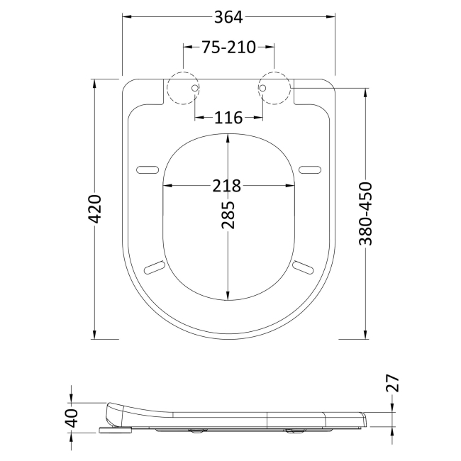 Nuie Luxury D-Shaped Thermoplastic Toilet Seat with Soft Close Hinge - White  | Dimension Image