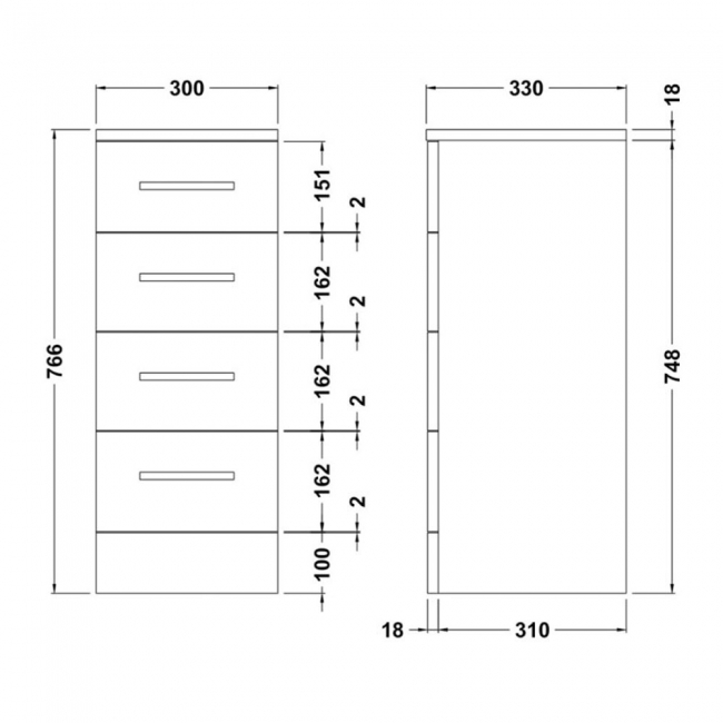 Nuie Mayford 4-Drawer Unit 300mm Wide x 330mm Deep - Gloss White