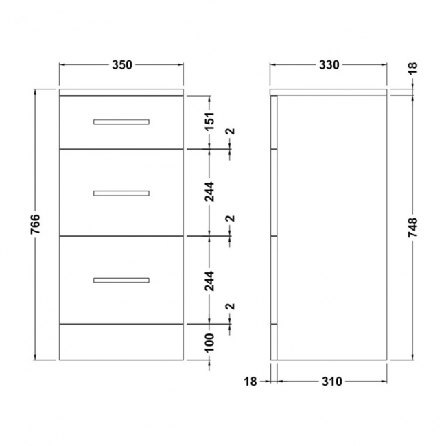 Nuie Mayford 3-Drawer Unit 350mm Wide x 330mm Deep - Gloss White