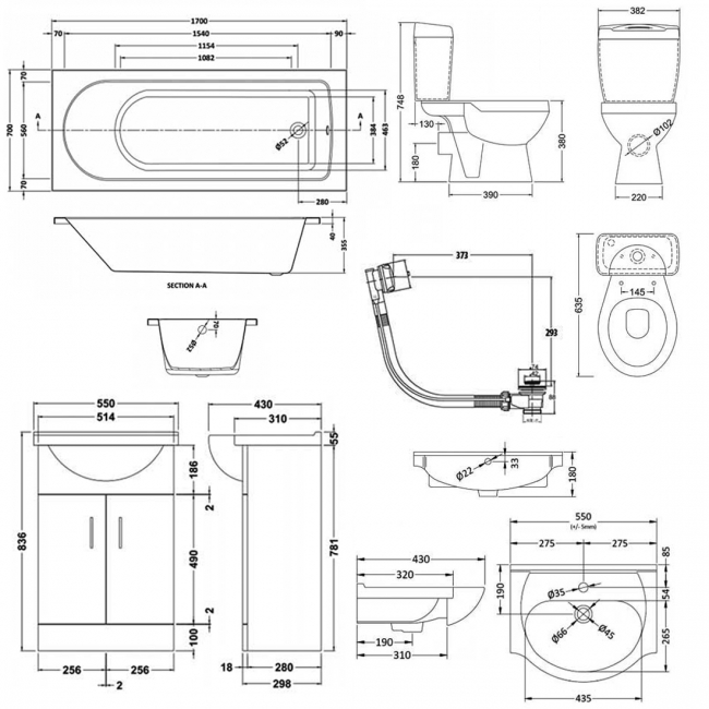 Mayford Modern Complete Bathroom Furniture Suite with Single Ended 1700mm X 700mm Bath
