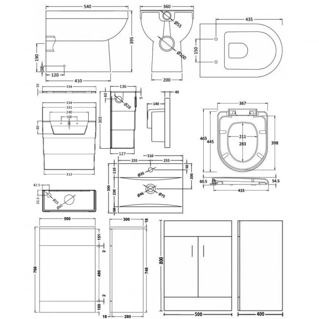 Mayford Furniture Bathroom Suite with Floor Standing Vanity Unit - 500mm Wide  | Dimension Image