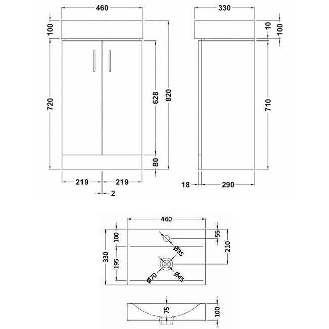 Nuie Mayford Floor Standing 2-Door Vanity Unit with Basin 450mm Wide - White  | Dimension Image