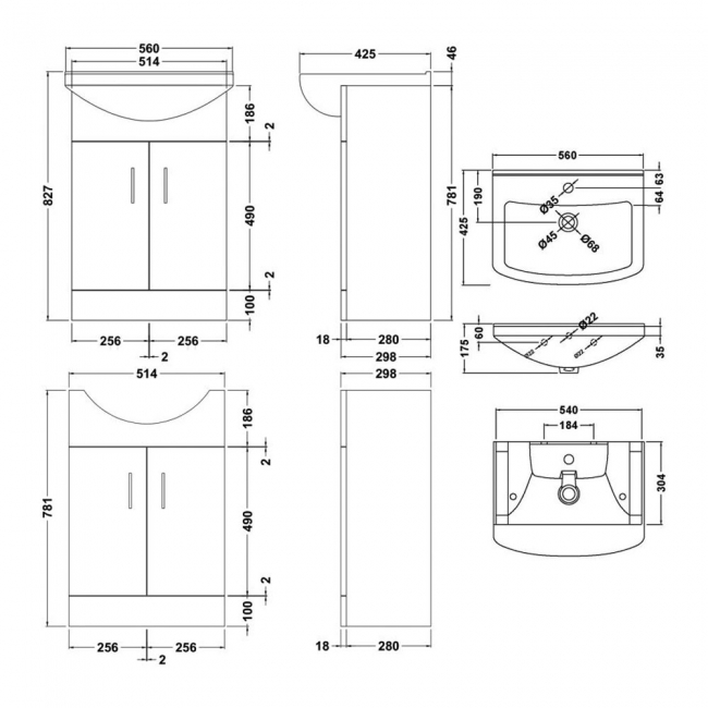 Nuie Mayford Floor Standing 2-Door Vanity Unit with Square Basin 550mm Wide - White