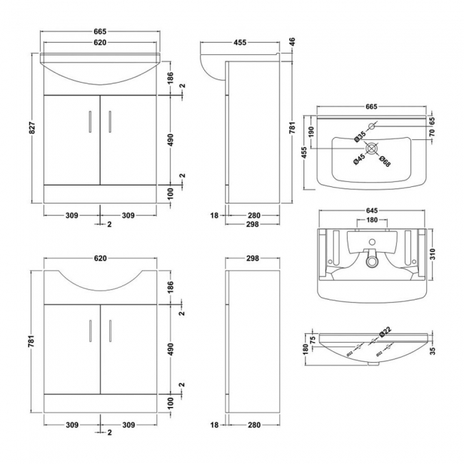 Nuie Mayford Floor Standing 2-Door Vanity Unit with Square Basin 650mm Wide - White