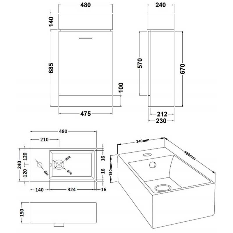 Nuie Mayford Floor Standing 1-Door Vanity Unit with Basin 480mm Wide - Gloss White