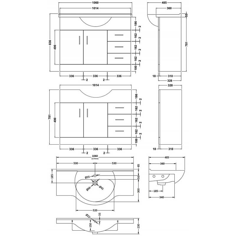 Nuie Mayford Floor Standing 2-Door and 3-Drawer Vanity Unit with Round Basin 1050mm Wide - White