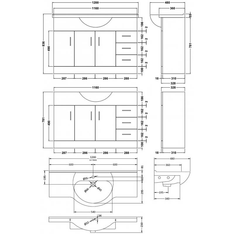 Nuie Mayford Floor Standing 3-Door and 3-Drawer Vanity Unit with Round Basin 1200mm Wide - White