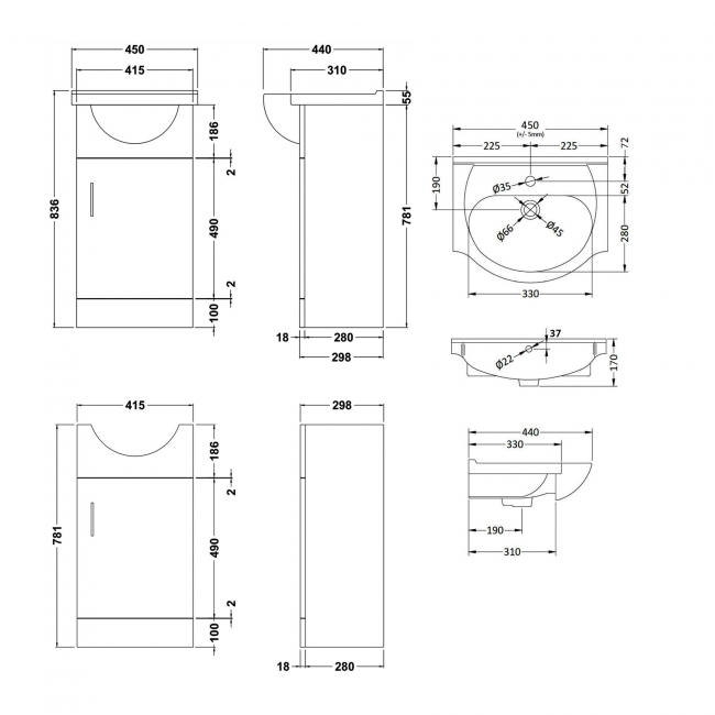 Nuie Mayford Floor Standing 1-Door Vanity Unit with Round Basin 450mm Wide - White