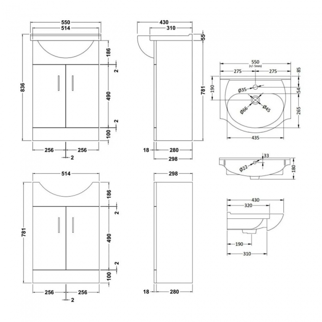 Nuie Mayford Floor Standing 2-Door Vanity Unit with Round Basin 550mm Wide - White