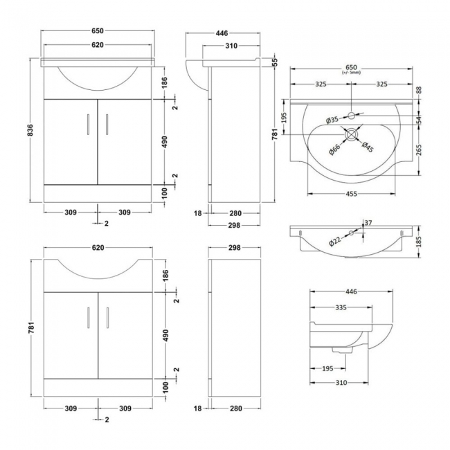 Nuie Mayford Floor Standing 2-Door Vanity Unit with Round Basin 650mm Wide - White