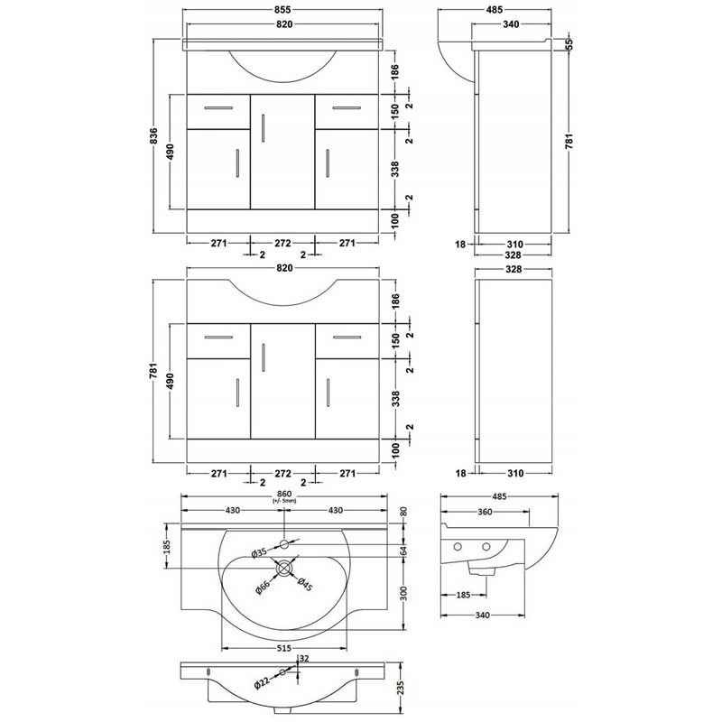 Nuie Mayford Floor Standing 3-Door and 2-Drawer Vanity Unit with Round Basin 850mm Wide - White