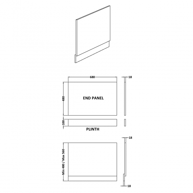 Nuie MDF Bath End Panel and Plinth 560mm H x 700mm W - Gloss White