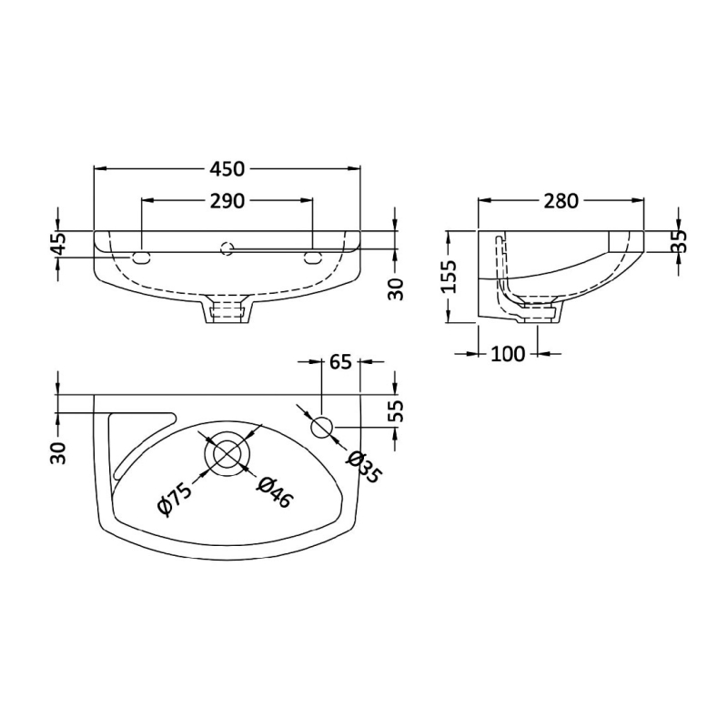 Nuie Melbourne Wall Hung Cloakroom Basin 450mm Wide - 1 Tap Hole
