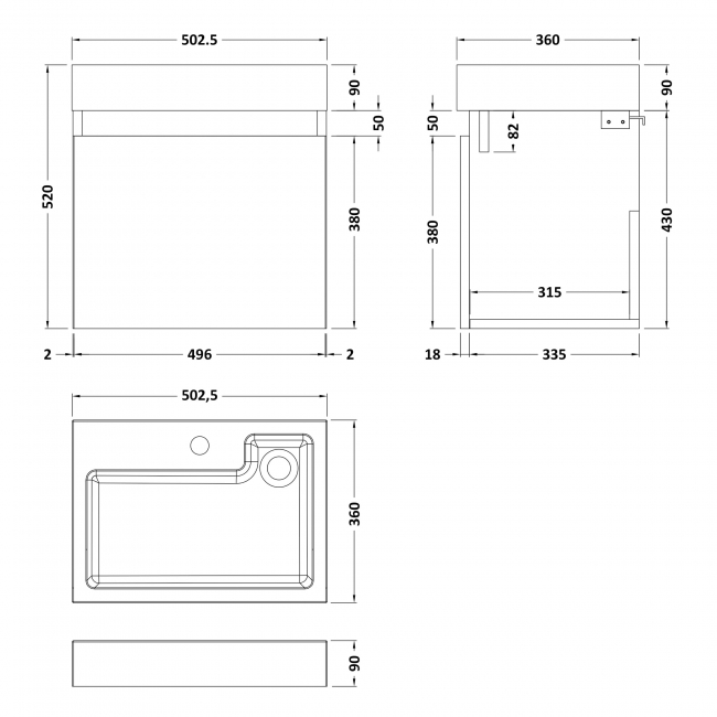 Nuie Merit Wall Hung 1-Door Vanity Unit with L-Shaped Basin 500mm Wide - Midnight Blue