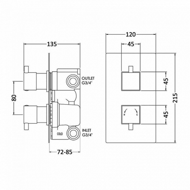Nuie Minimalist Concealed Shower Valve with 2-Way Diverter Dual Handle - Chrome