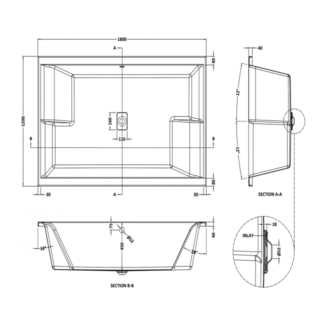 Nuie Double Ended Inset Spa Bath 1800mm x 1200mm - White (inc Leg Set)