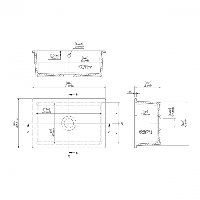 Nuie Undermount Fireclay Kitchen Sink 1.0 Bowl with Overflow 711mm L x 483mm W - White