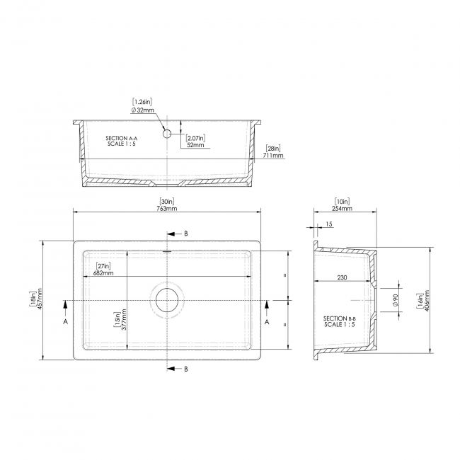 Nuie Undermount Fireclay Kitchen Sink 1.0 Bowl with Overflow 763mm L x 457mm W - White