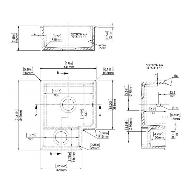 Nuie Undermount Fireclay LH Kitchen Sink 1.5 Bowl with Central Waste 549mm L x 441mm W - White