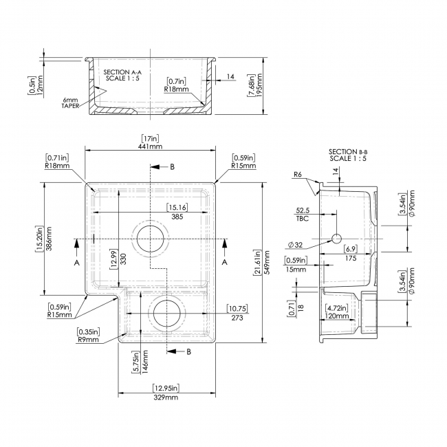 Nuie Undermount Fireclay RH Kitchen Sink 1.5 Bowl with Central Waste 549mm L x 441mm W - White