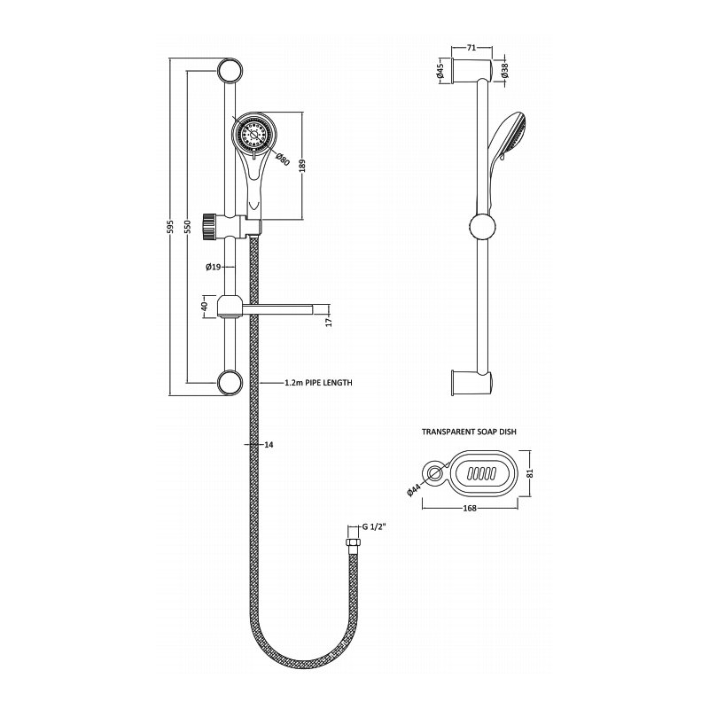 Nuie Modern Shower Slider Rail Kit 600mm High - Chrome