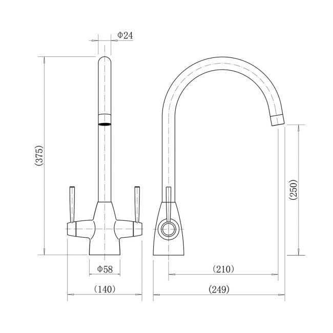 Nuie Nila Kitchen Sink Mixer Tap Dual Lever Handle - Chrome  | Dimension Image