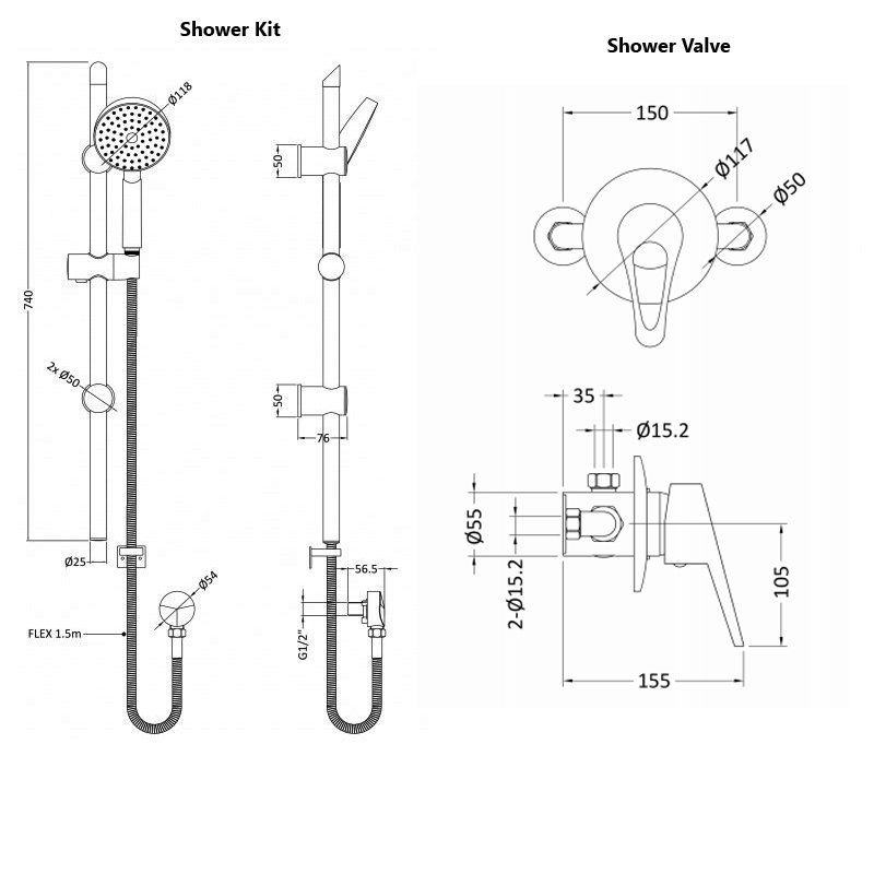 Nuie Ocean Manual Concealed or Exposed Shower Valve with Shower Kit