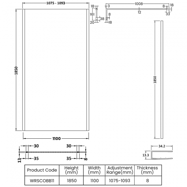 Nuie Outer Framed Wetroom Screen 1100mm W x 1850mm H with Support Bar 8mm Glass - Brushed Brass