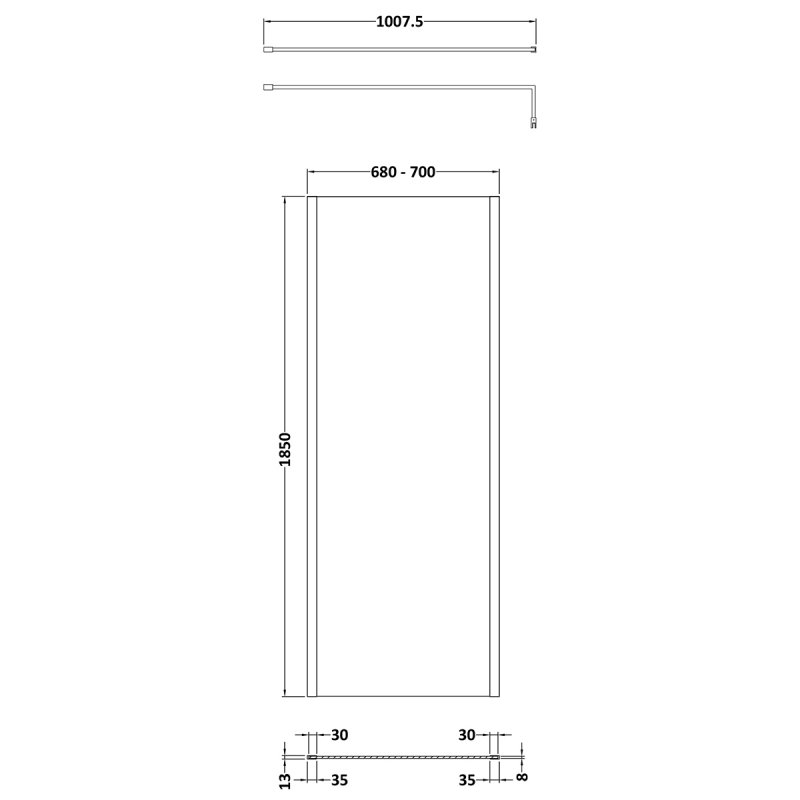 Nuie Outer Framed Wetroom Screen 700mm W x 1850mm H with Support Bar 8mm Glass - Brushed Brass