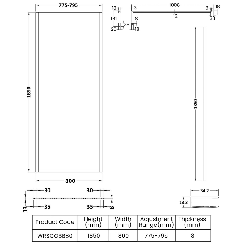 Nuie Outer Framed Wetroom Screen 800mm W x 1850mm H with Support Bar 8mm Glass - Brushed Brass