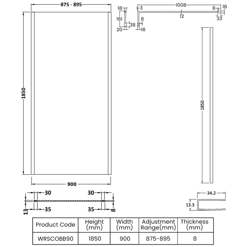 Nuie Outer Framed Wetroom Screen 900mm W x 1850mm H with Support Bar 8mm Glass - Brushed Brass