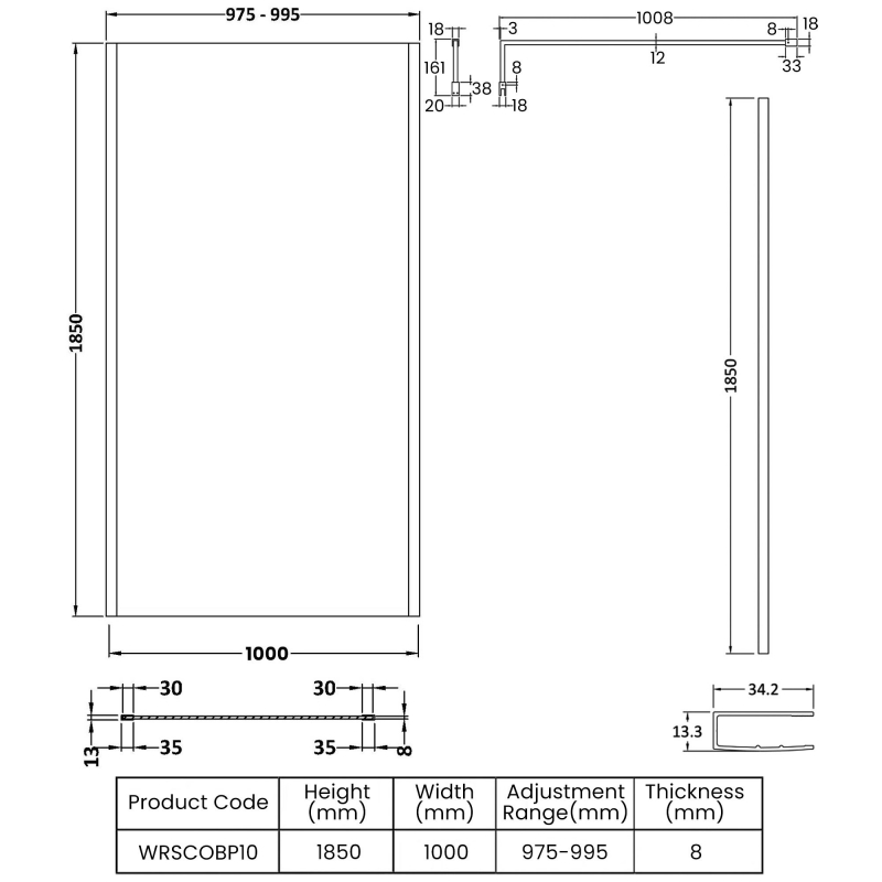 Nuie Outer Framed Wetroom Screen 1000mm W x 1850mm H with Support Bar 8mm Glass - Matt Black