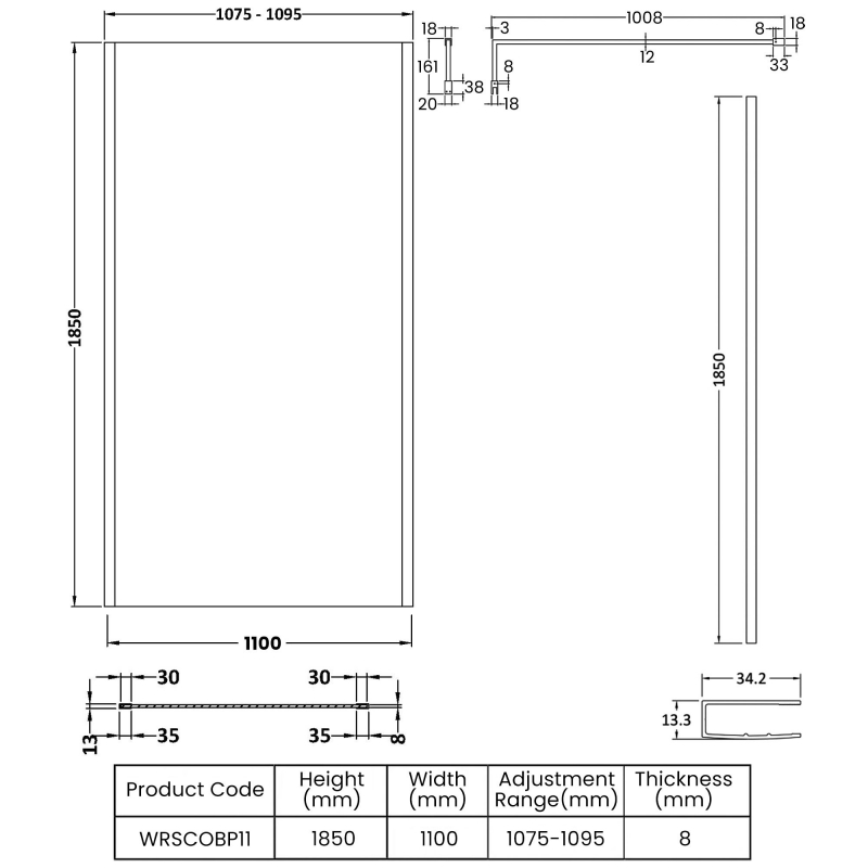 Nuie Outer Framed Wetroom Screen 1100mm W x 1850mm H with Support Bar 8mm Glass - Matt Black