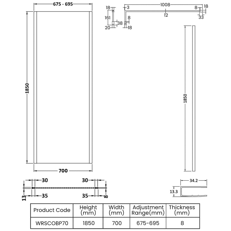 Nuie Outer Framed Wetroom Screen 700mm W x 1850mm H with Support Bar 8mm Glass - Matt Black