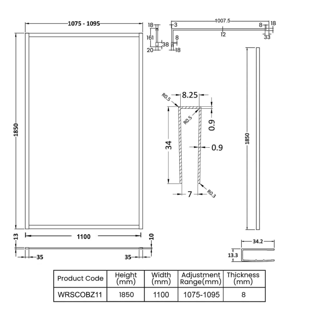 Nuie Outer Framed Brushed Bronze Wetroom Screen with Support Bar 1100mm W x 1850mm H - 8mm Glass  | Dimension Image