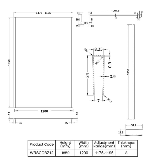 Nuie Outer Framed Brushed Bronze Wetroom Screen with Support Bar 1200mm W x 1850mm H - 8mm Glass  | Dimension Image