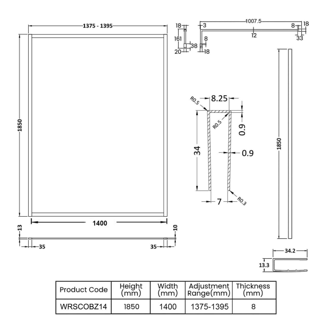 Nuie Outer Framed Brushed Bronze Wetroom Screen with Support Bar 1400mm W x 1850mm H - 8mm Glass  | Dimension Image