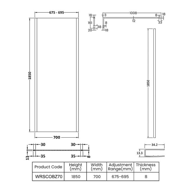Nuie Outer Framed Brushed Bronze Wetroom Screen with Support Bar 700mm W x 1850mm H - 8mm Glass  | Dimension Image