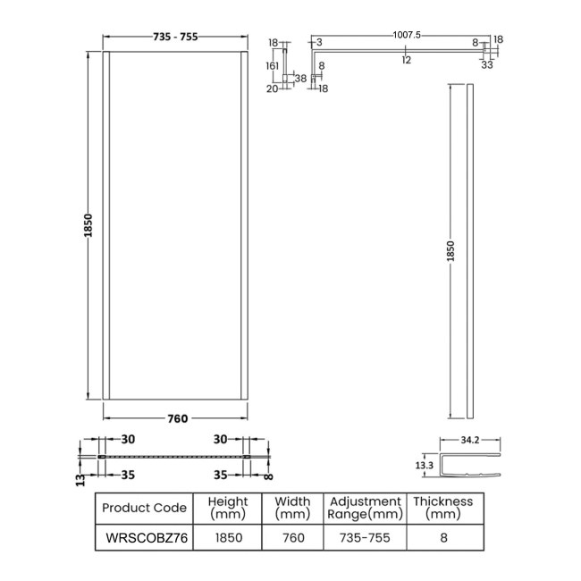 Nuie Outer Framed Brushed Bronze Wetroom Screen with Support Bar 760mm W x 1850mm H - 8mm Glass  | Dimension Image