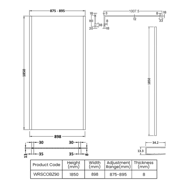 Nuie Outer Framed Brushed Bronze Wetroom Screen with Support Bar 900mm W x 1850mm H - 8mm Glass  | Dimension Image