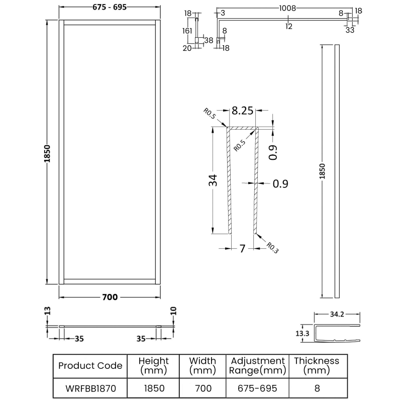 Nuie Full Outer Framed Wetroom Screen 700mm W x 1850mm H with Support Bar 8mm Glass - Brushed Brass  | Dimension Image