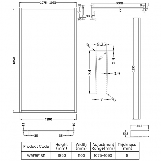 Nuie Full Outer Framed Wetroom Screen 1100mm W x 1850mm H with Support Bar 8mm Glass - Matt Black  | Dimension Image